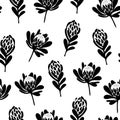 Seamless vector pattern black and white protea flowers