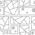 Seamless vector pattern. Black and white triangular geometrical hand drawn background with rectangles, squares, dots. Print for wa Royalty Free Stock Photo