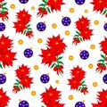 Seamless vector pattern: blooming red poinsettias between blue and gold Christmas tree balls on a white background Royalty Free Stock Photo