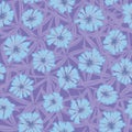 Seamless vector pattern with blue chickory flowers on purple background