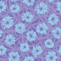 Seamless vector pattern with blue chickory flowers on purple background Royalty Free Stock Photo
