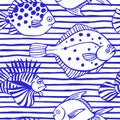 Seamless vector pattern with blue fish on a striped background Royalty Free Stock Photo