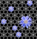 Seamless vector pattern with blue flowers under white lace ornament on black background. Print for fabric Royalty Free Stock Photo