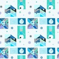 Seamless vector pattern. Blue geometrical hand drawn background with snowflake, snowman, christmas tree. Decorative print for Royalty Free Stock Photo