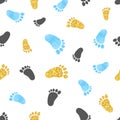 Seamless vector pattern with blue and golden baby footprints