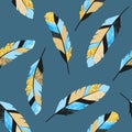 Seamless pattern with blue and golden decorative feathers Royalty Free Stock Photo