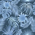 Seamless vector pattern with blue tropical palm leaves and flowers on dark background Royalty Free Stock Photo