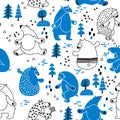 Seamless vector pattern with blue and white polar bears in scandinavian minimalist modern style.