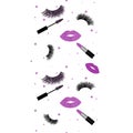 Seamless Vector Pattern with Lashes,Lipstick and Mascara with glitter effect