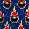 Seamless vector pattern with bowling ball icons and flames. Royalty Free Stock Photo