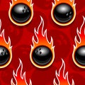 Seamless vector pattern with bowling ball icons and flames. Royalty Free Stock Photo