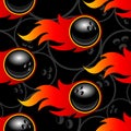 Seamless vector pattern with bowling ball icons and flames. Royalty Free Stock Photo