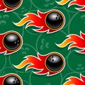 Seamless vector pattern with bowling ball icons and flames. Royalty Free Stock Photo