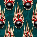 Seamless vector pattern with bowling ball icons and flames.