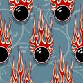 Seamless vector pattern with bowling ball icons and flames.