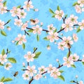 Seamless vector pattern from the branches of a spring blooming apple tree with pink flowers, leaves and bees