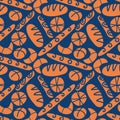 Seamless vector pattern with bread loafs and buns on dark blue backround