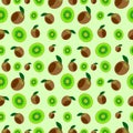 Seamless vector pattern, bright fruits chaotic background with kiwi, whole and half over light green backdrop