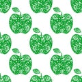 Seamless vector pattern, bright fruits symmetrical background with green decorative ornamental apples, on the white backdrop Royalty Free Stock Photo