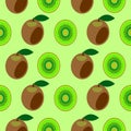 Seamless vector pattern, bright fruits symmetrical background with kiwi, whole and half