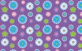 Seamless vector pattern of bright multi-colored flowers on a blue background, a distorted outline drawing. Vector