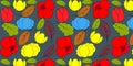 Seamless vector pattern of bright multi-colored flowers on a blue background, a distorted outline drawing. Vector EPS10