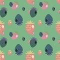 Seamless vector pattern of bright pink and green strawberries on a light green background