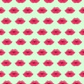 Seamless vector pattern, bright symmetrical background with lips, red close-up silhouette over green backdrop