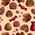 Seamless vector pattern of bright tasty pieces of milk chocolate with nuts, sweets, dragees. World Chocolate Day