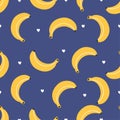 Seamless vector pattern. Bright yellow bananas, black hearts, blue background Royalty Free Stock Photo