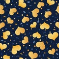 Seamless pattern with bright yellow hearts scattered on a dark blue background