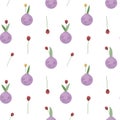 Seamless vector pattern with brightly scarlet, large simple tulips in violet vases illustration objects isolated on white