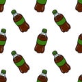 Seamless vector pattern of brown soda bottles with green labels on a white background Royalty Free Stock Photo