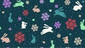 Night pattern with bunnys, birds and snowflakes on a dark background Royalty Free Stock Photo