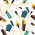Seamless vector pattern with burning matches, lighters and matchbox
