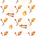 Seamless vector pattern with burning matches on white background.