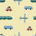 Seamless vector pattern with bus, plane, car, train, ship on light yellow background. Kids pattern for textile, wrapping paper, Royalty Free Stock Photo