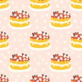 Seamless vector pattern cake with strawberries. Repeating background with fruit cake on ditsy flowers. Strawberry
