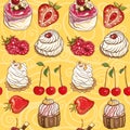 Seamless vector pattern with cakes and berries Royalty Free Stock Photo