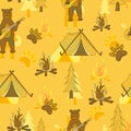 Seamless vector pattern with camping elements, bears with guitar , and pine trees Royalty Free Stock Photo