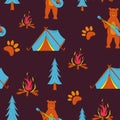 Seamless vector pattern with camping elements, bears with guitar , and pine trees Royalty Free Stock Photo