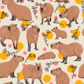 Seamless vector pattern with capybaras, doodle plants and circles