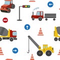 Seamless vector pattern with cars. Asphalt roller, concrete mixer and tractor. Heavy construction equipment set.