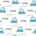 Seamless vector pattern with cars. Cute blue cars. Lettering Vroom