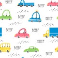 Seamless vector pattern with cars. Multicolored different cars. Lettering the Wroom and Beep