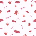 Seamless vector pattern with cartoon bones, bowls and dog or cat paws.