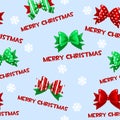 Seamless vector pattern with cartoon christmas green-red bows on blue tile background. Royalty Free Stock Photo