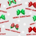 Seamless vector pattern with cartoon christmas green-red bows on grey tile background. Royalty Free Stock Photo