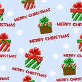 Seamless vector pattern with cartoon christmas green-red gifts on blue tile background. Royalty Free Stock Photo