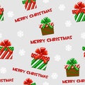 Seamless vector pattern with cartoon christmas green-red gifts on grey tile background. Royalty Free Stock Photo